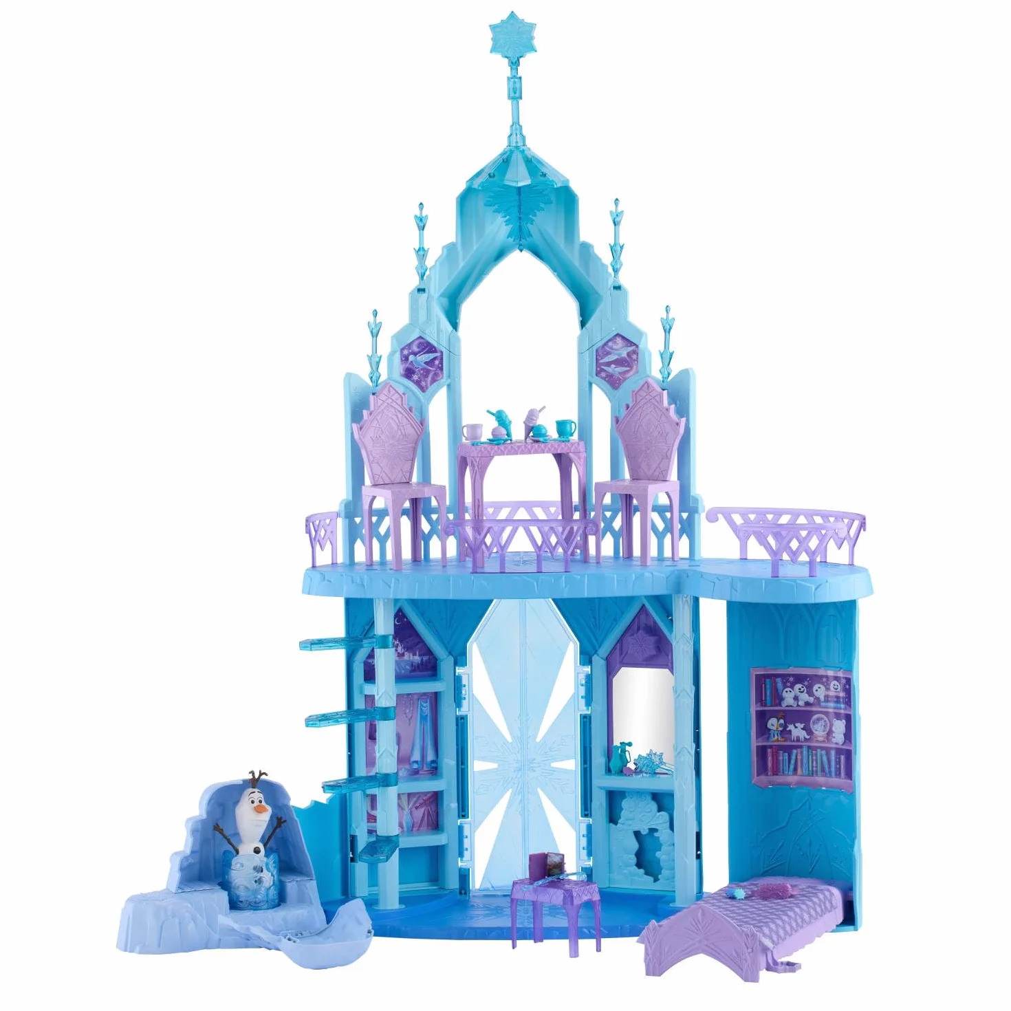 Mattel Disney Frozen Conjunto de juego Palacio de hielo de Elsa de más de 76cm de altura con figura de Olaf, 5 zonas de juego y 21 accesorios, inspirado en las películas, JGG41
