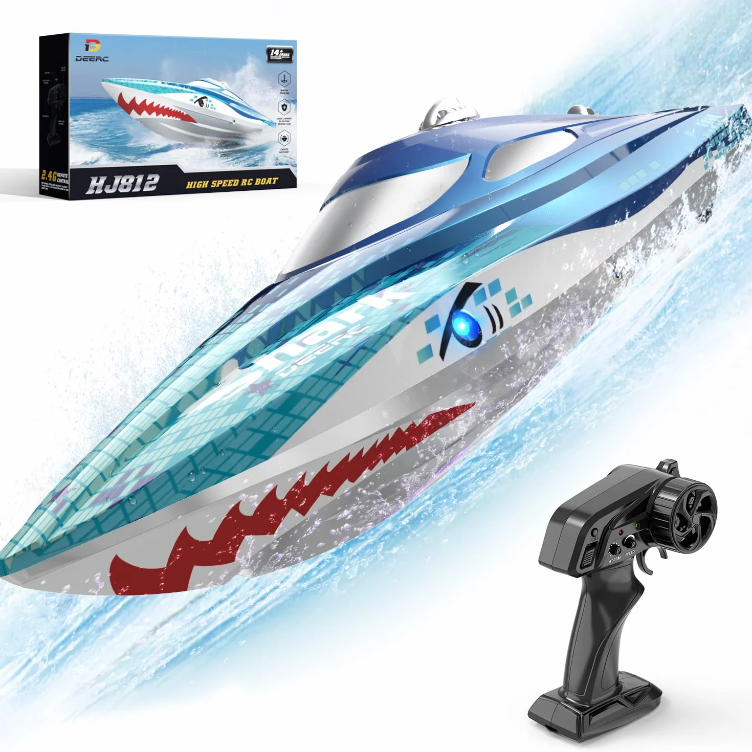 DEERC RC Boat con iluminación LED, barco tiburón teledirigido para piscinas y lagos, más de 20 km/h, barco de carreras de 2,4 GHz, juguete de piscina para niños a partir de 8 años