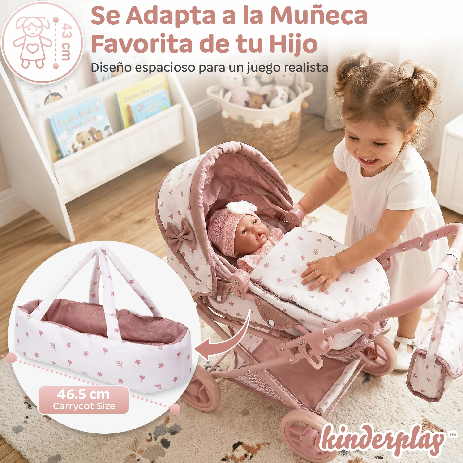 Kinderplay Cochecito de muñecas 3 en 1 Rosa con Bolsa de Transporte – Cochecito de muñeca Ajustable de 36,5 – 64 cm, Plegable, Ruedas de Espuma silenciosas, para muñecas de hasta 40 cm, a Partir de 3
