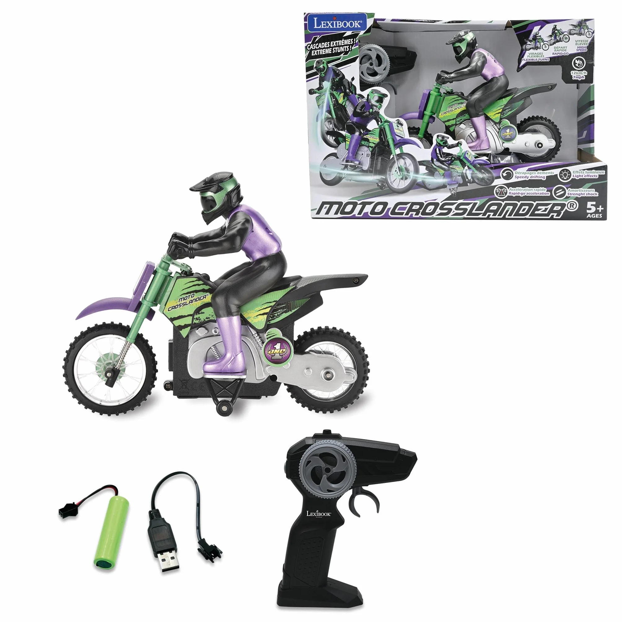 Lexibook, Moto Todoterreno radiocontrolada Crosslander®, hasta 12km/h, Equilibrio, Efectos de luz, derrapes Locos, aceleración rápida, Mando a Distancia ergonómico, Recargable, RC18LXB