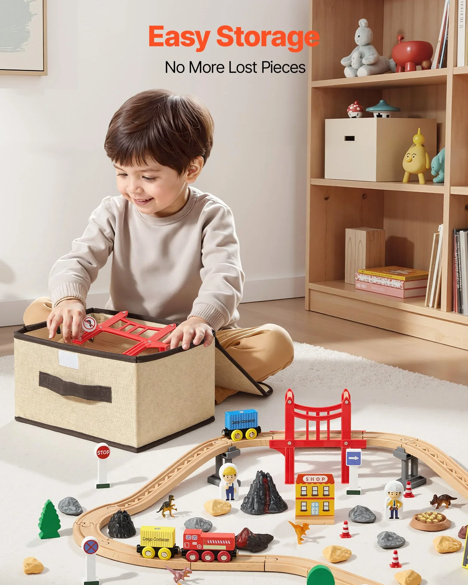VEVOR Juego de Tren de Madera con Pistas, 70 Piezas con Accesorios, Grúa Magnética Camión Dinosaurio, Diseños Múltiples, Set Educativo, Juguete Compatible con Marcas Principales para Niños 3 a 8 Años