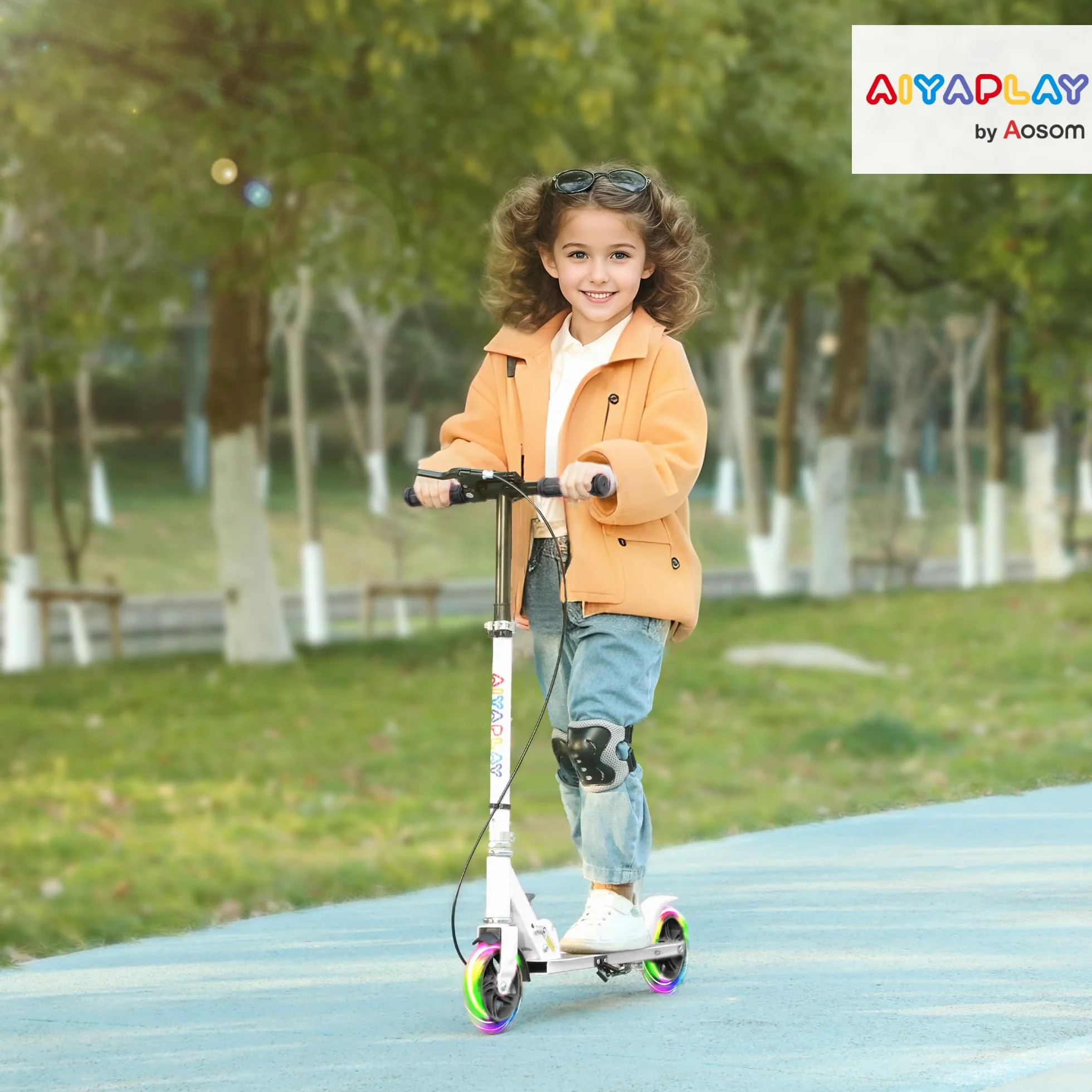 AIYAPLAY Patinete Plegable para Niños de 3-8 Años, Patinete Infantil de 2 Ruedas con Luces, Manillar de 4 Altura Ajustable, Freno Posterior y de Mano