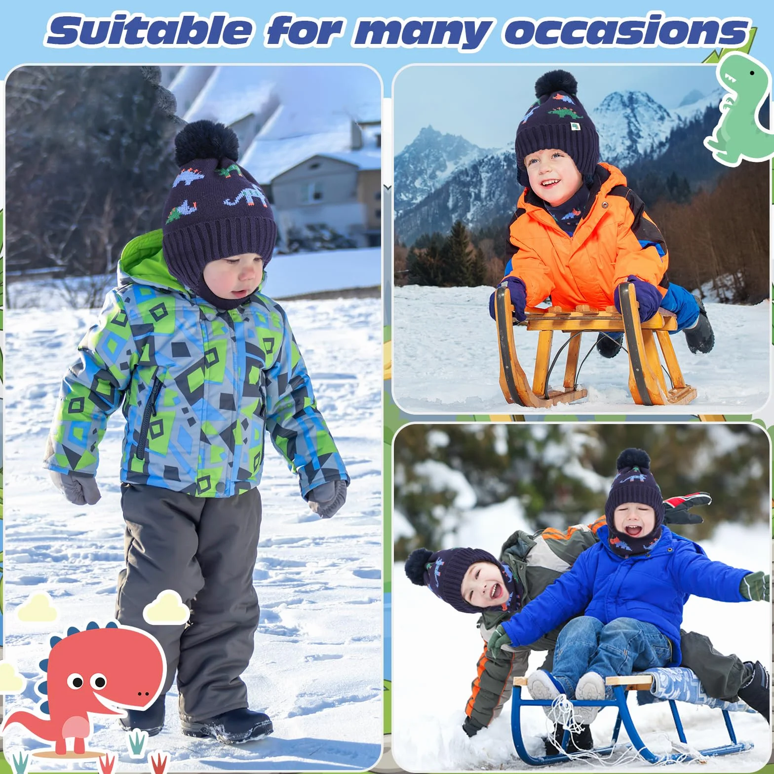 Conjunto de Gorro y Bufanda de Punto Invierno para Niños, Dinosaurio, 2-6 años