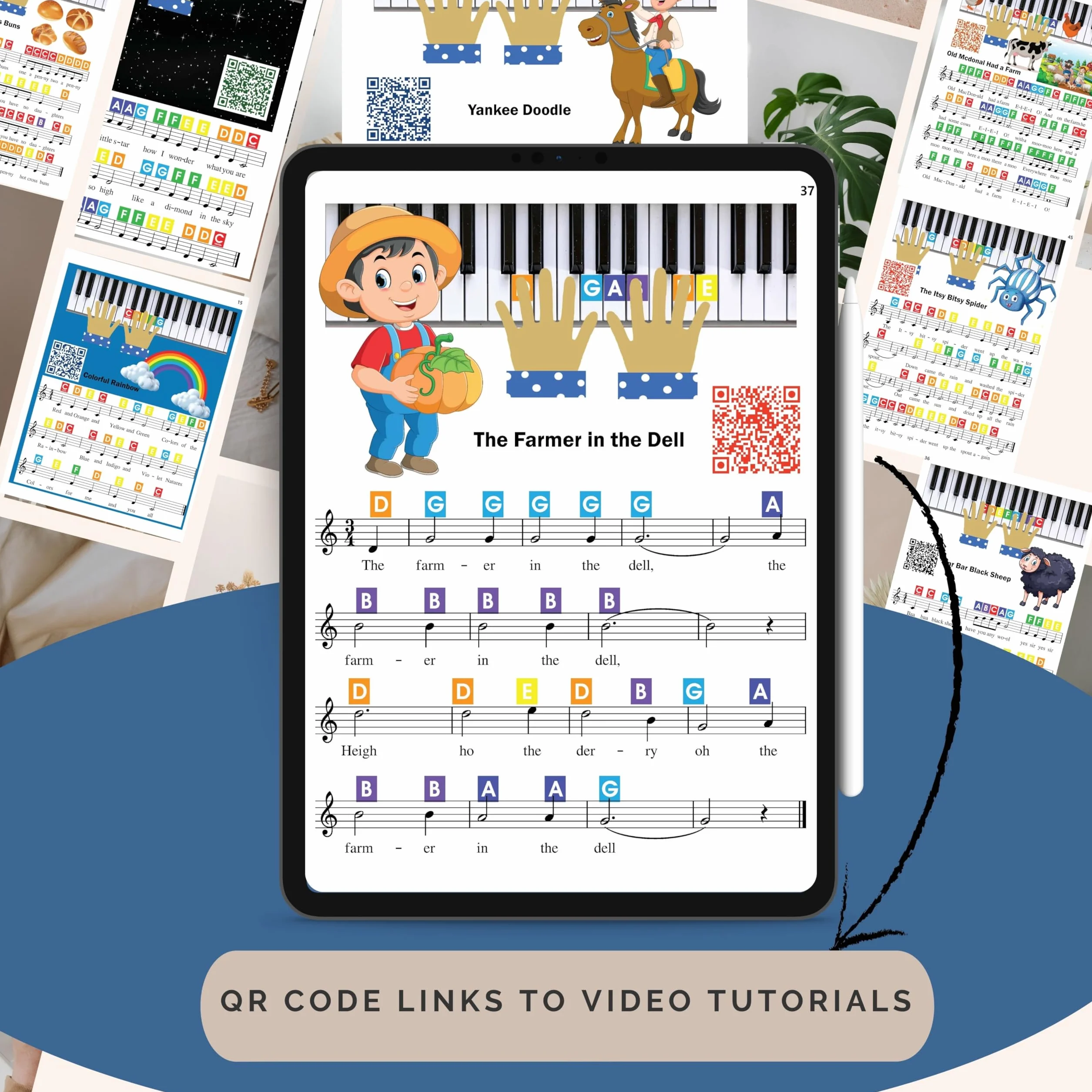 QMG Calcomanía de piano y teclado de color arcoíris y libro de aprendizaje de piano para niños, instrucciones fáciles de seguir para niños, libro de piano para principiantes para niños, partituras de