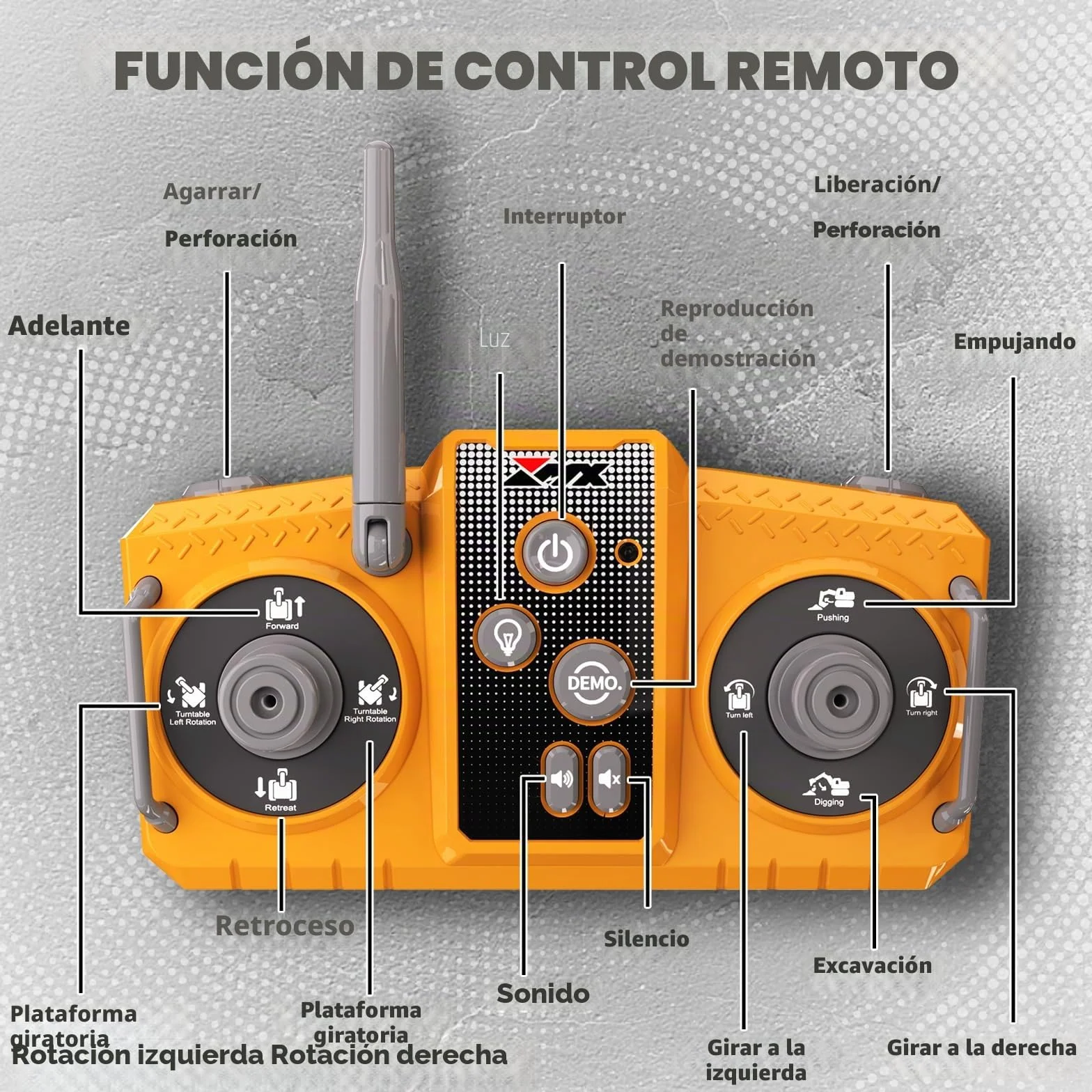 GraceDuck Excavadora Juguete RC 2.4GHz 3 en 1 Control Remoto Pala Aleación Trituradora Garra Giro 680°