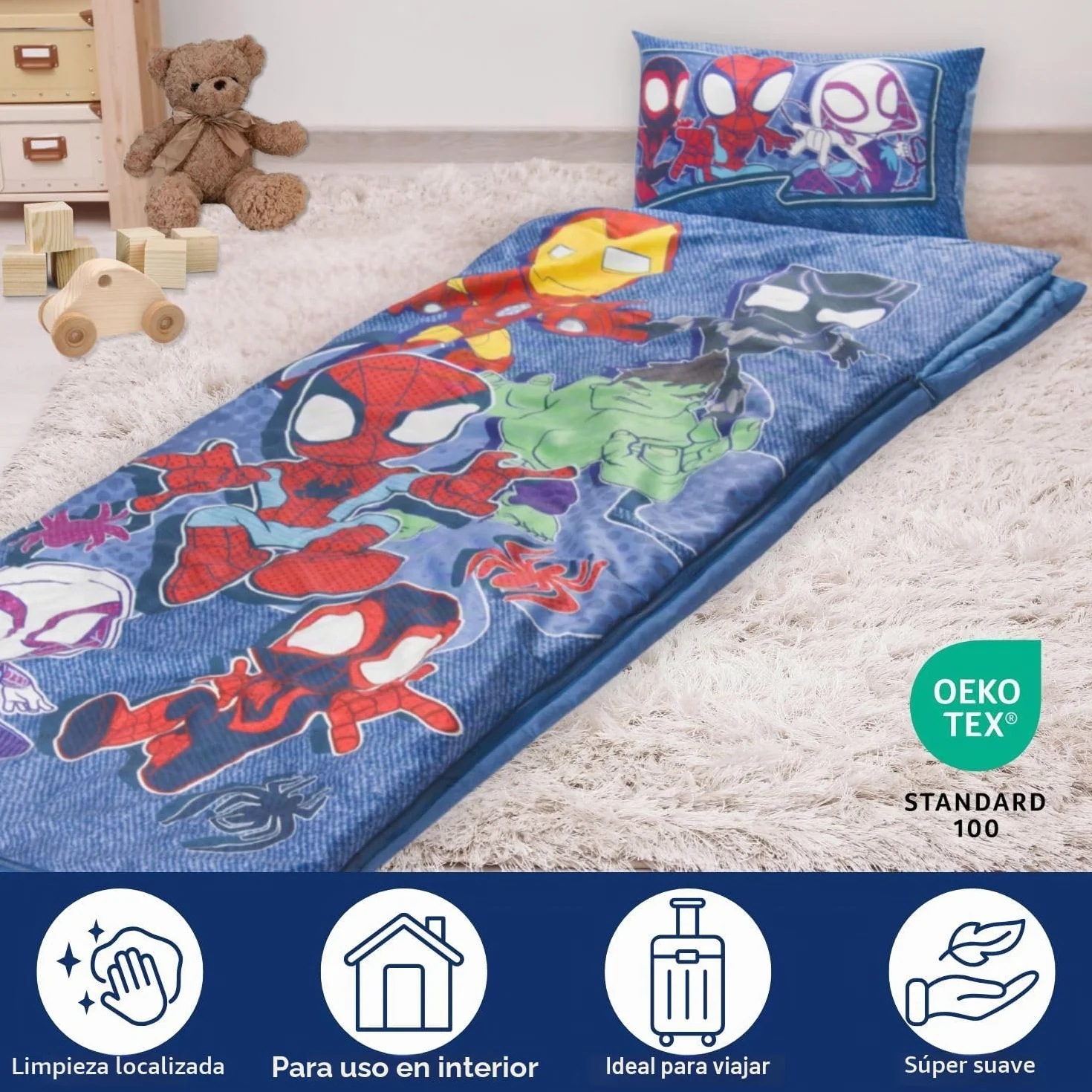 Set de 2 con Almohada y Manta de superhéroes Marvel, Suave Saco de Dormir Infantil con Bolsa y Almohada, para Fiestas de Pijamas, Viajes y acampadas