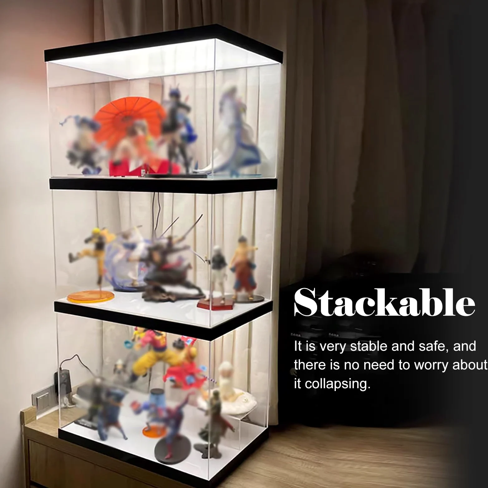 Cajas de Metacrilato Vitrina Acrílica Extragrande con Doble Iluminación LED, Transparente Luz Fría para Figuras de Acción y Artículos Colección(20x20x25cm)