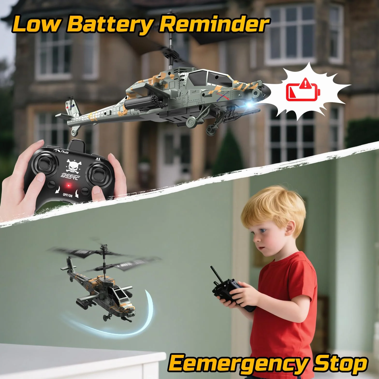 DEERC Helicóptero RC para Adultos y niños, helicóptero Militar Control Remoto 2.4 GHz, 2 baterías, 26 Minutos de Vuelo, Luces LED, retención altitud, despegue con una Sola tecla, Apto para Interiores