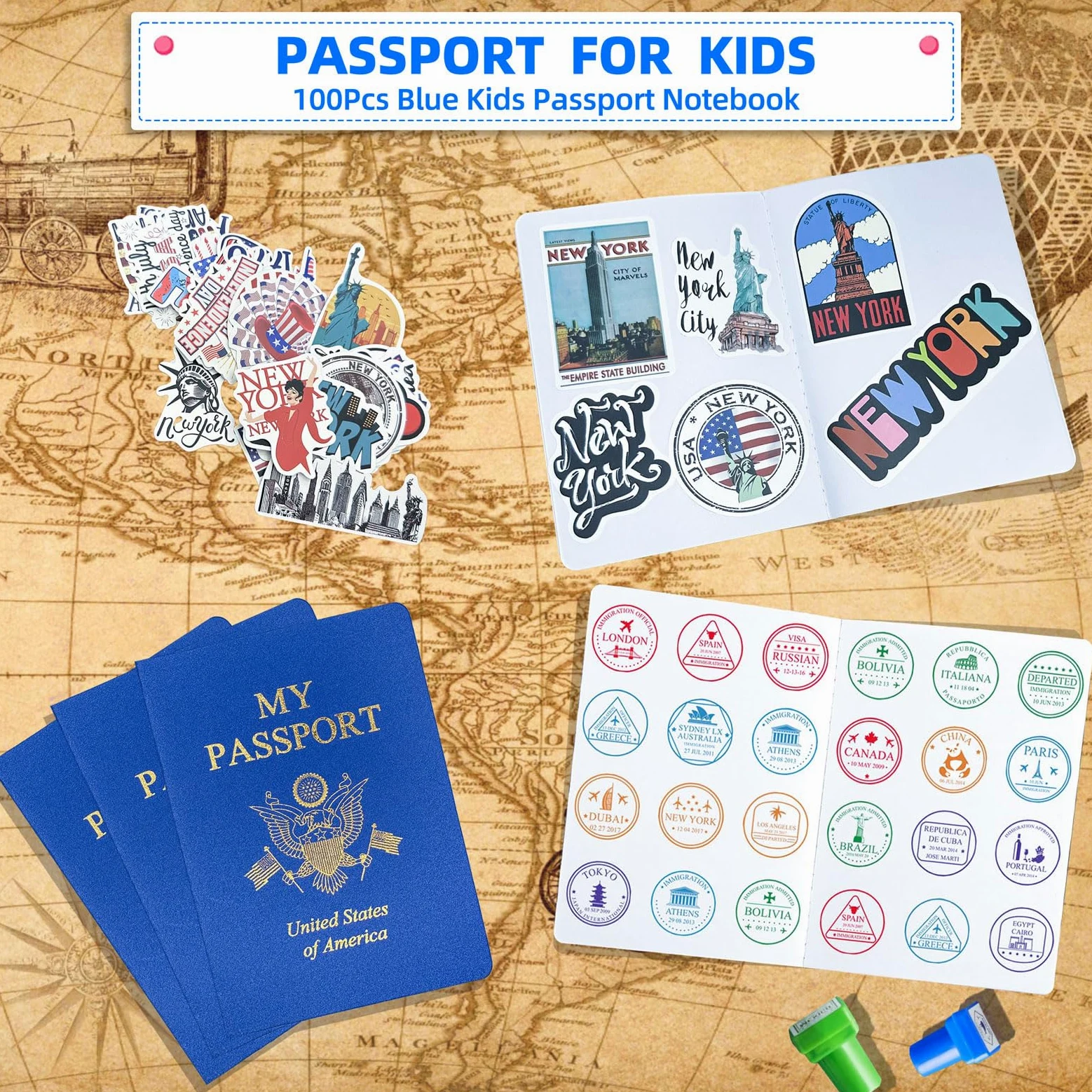 XIISVINT 100 Piezas Cuadernos de Pasaporte en Blanco Libro de Pasaporte Azul Pasaporte Falso Diario de Viaje Libro de Colección de Pegatinas para Niños Proyectos Escolares Viajes por el Mundo