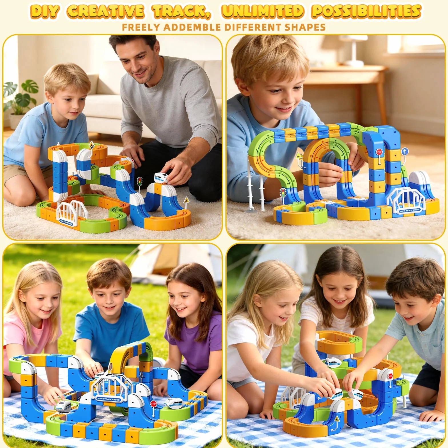 Tren Eléctrico Niños 225 Piezas (80 Vías + 2 Trenes) – Gran Pista Flexible 3D Antigravedad Circuito Tren Electrico, Juego de Construcción Stem DIY, Trenes Motorizados USB, Regalo 3-10 Años