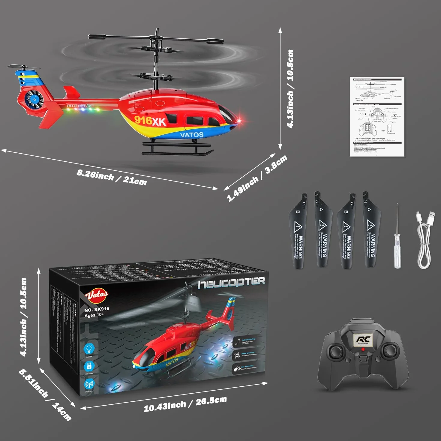 VATOS Helicóptero teledirigido, 2.4GHz Altitud Birdy RC Helicópteros con giroscopio y luz LED, una tecla de despegue y Aterrizaje, 3.5 CH RC Aviones de Juguete para niños Adultos Principiantes