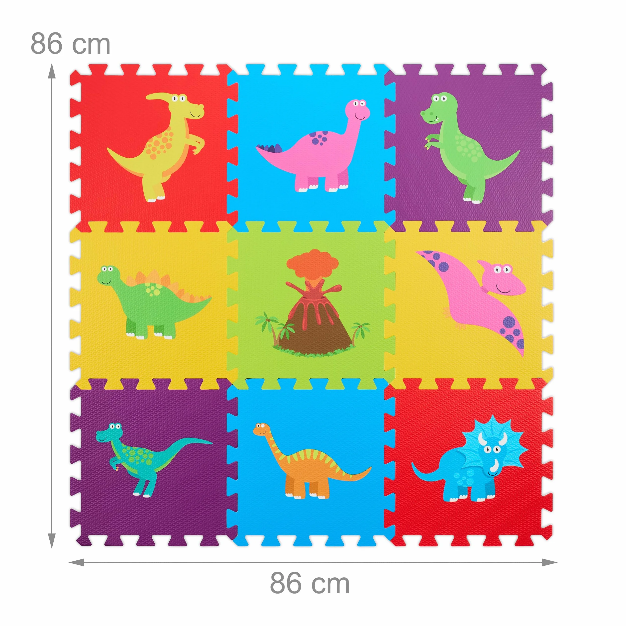 Relaxdays Alfombra Puzzle, Alfombrilla de Juego 3 x 3, Dinosaurios, Esterilla Gateo, Gomaespuma sin BPA, Multicolor, 86x86cm