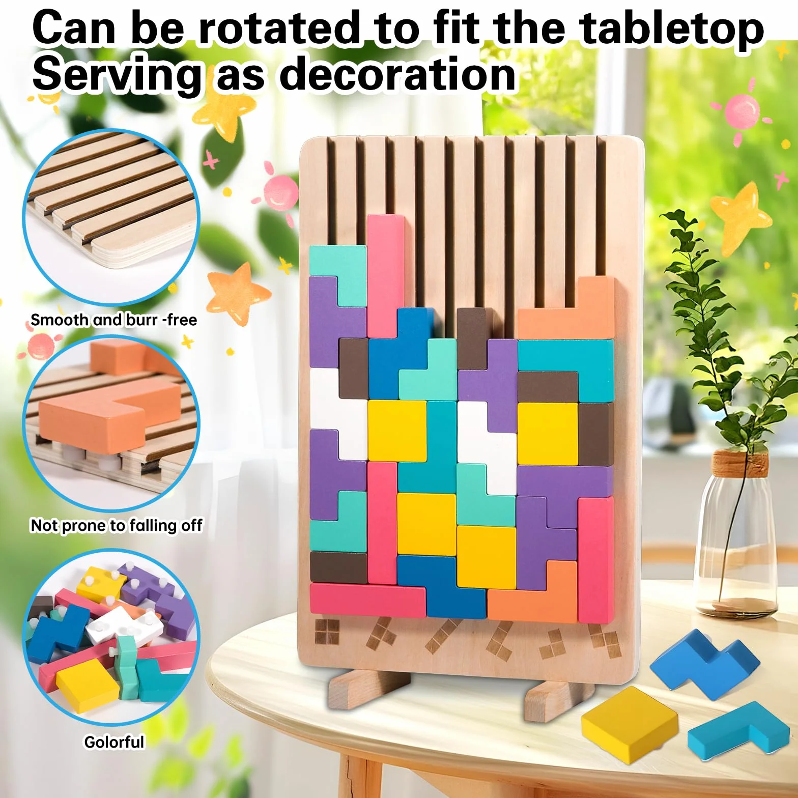 ZLPBAO Puzzle de Madera Tetris con 10 Tarjetas y Bolsa de Almacenamiento, Rompecabezas Niños, Tetris Puzzle 3D Madera,Juguetes Sensoriales, Juegos Montessori 3 4 5 6 Años