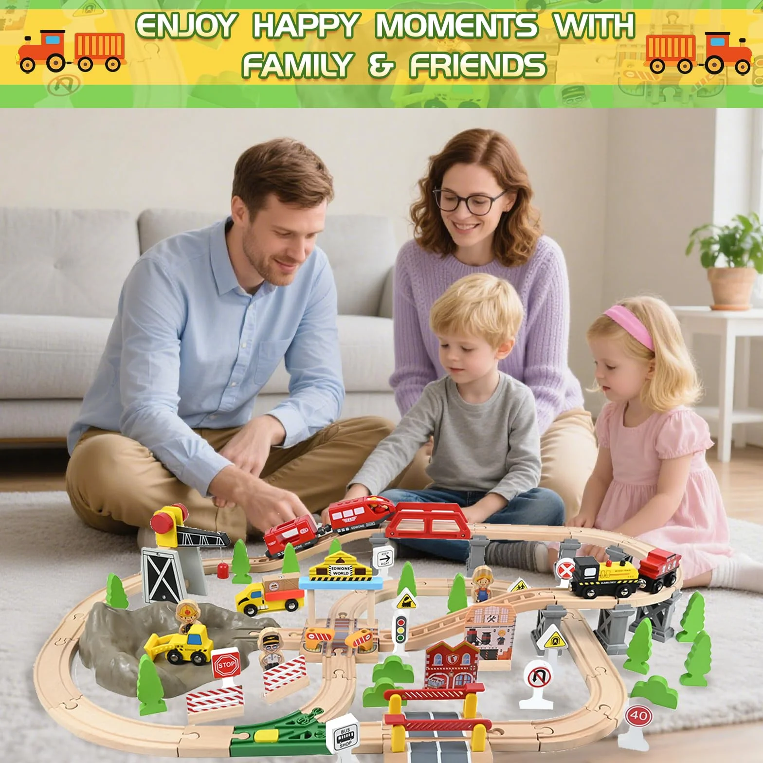 HERMORRYSS Tren de Madera para Niños, 100 Piezas Vías de Tren de Madera y Juguetes de TrenS, TrenS Eléctrico, Ferrocarril de Ingeniería con Grúa Magnética, Figuras, Regalo para Niños y Niña de 3+ Años
