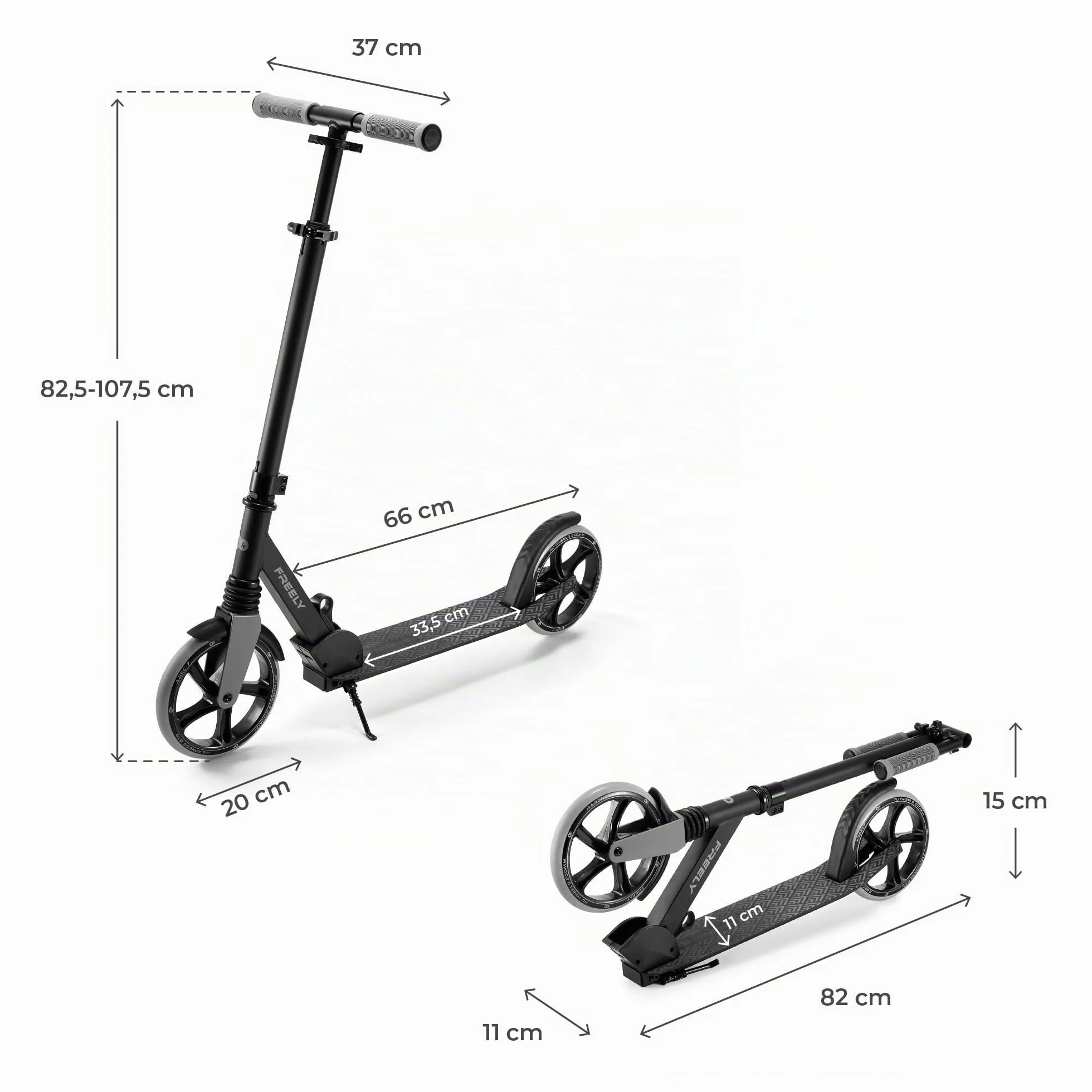 Kinderkraft Freely up to 100 kg, Scooter, Foldable Scooter, for Children from 5 Years and Adults, Large 20 cm PU Wheels, Adjustable Handlebar Height from 82 cm to 105 cm