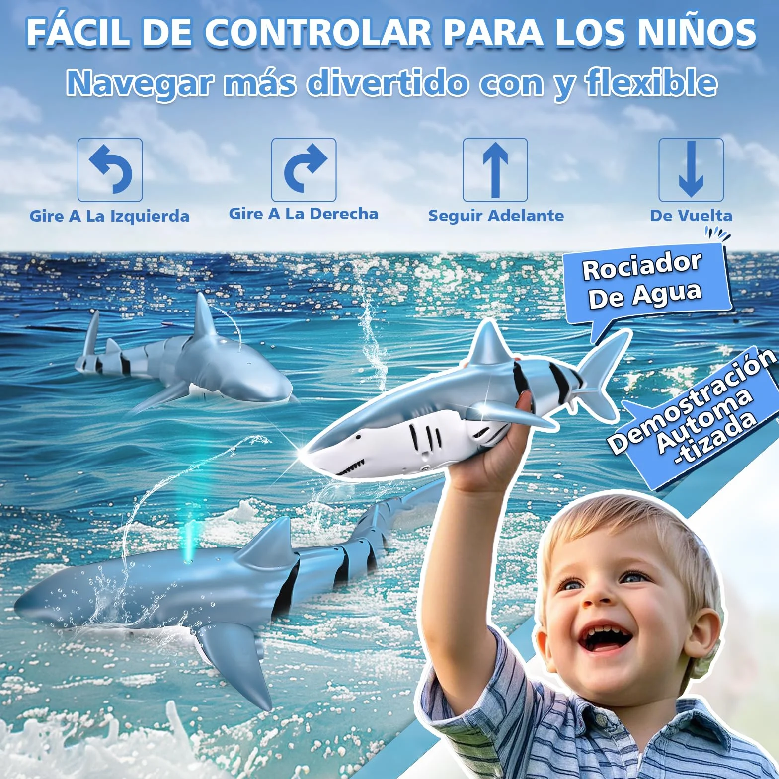 YOOHBERRYS Tiburon Teledirigido, 2.4GHz Tiburon Teledirigido Acuatico, RC Barco Tiburón con Luces y Chorros de Agua, Juguete de Piscina Regalo para 6+ Años Niño Niña