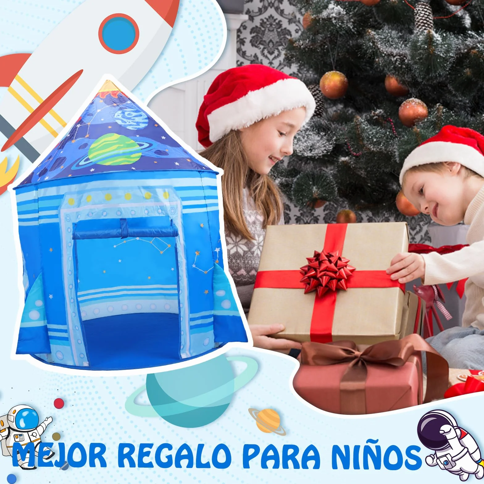 Opret Tienda Campaña Infantil, Carpa Infantil Plegable, Castillo Espacial Plegable, Regalo para Niños con Bolsa de Transporte para Interior y Exterior Adecuado Niños de 1 a 12 Años