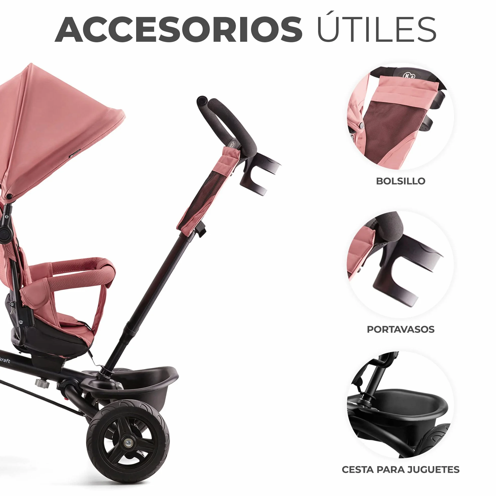 Kinderkraft Aveo Bebé, Plegable, Trike, Bicicleta para Niños, Triciclo Evolutivo, Sin Pedales, Bicicleta Bebe, con Accesorios Práctico, Dos Cestas, 9 Meses a 25 kg, Rosa