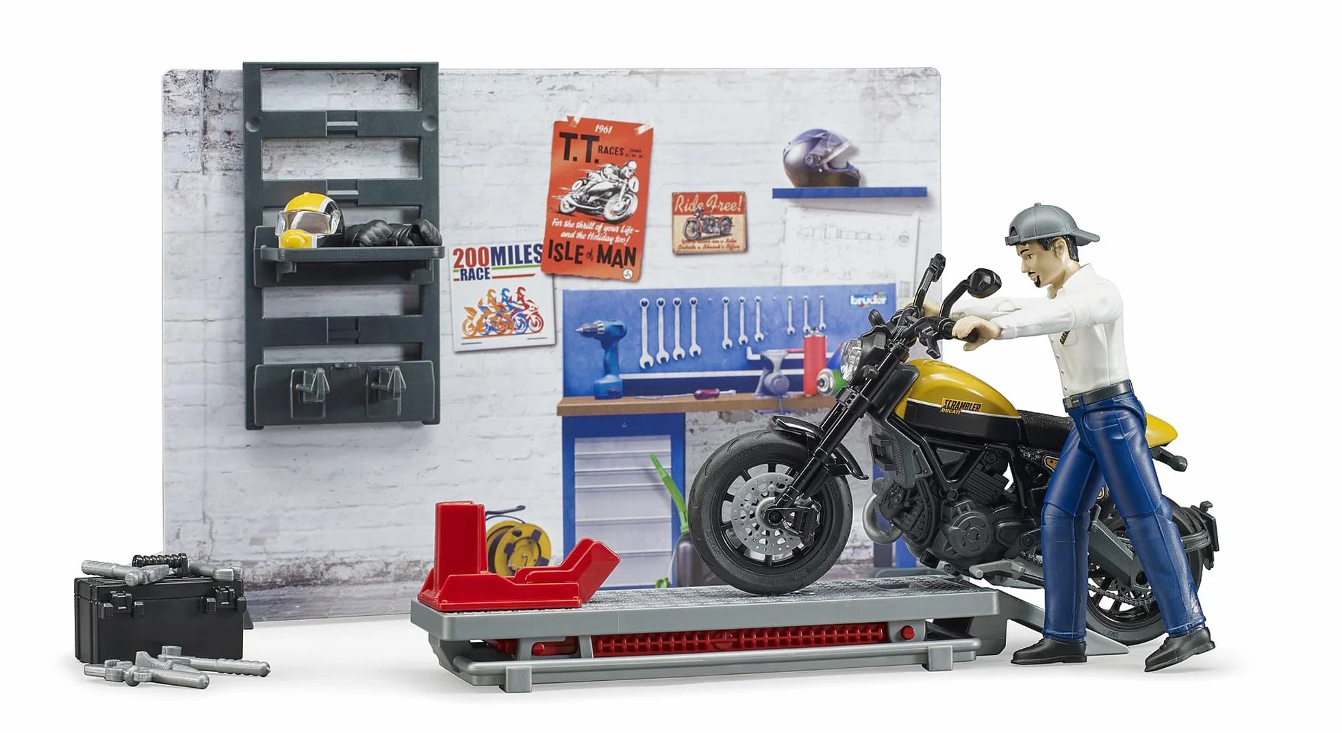 bruder 62102 - bworld taller de motos Scrambler Ducati Full Throttle con mecánico,taller, figura de juguete