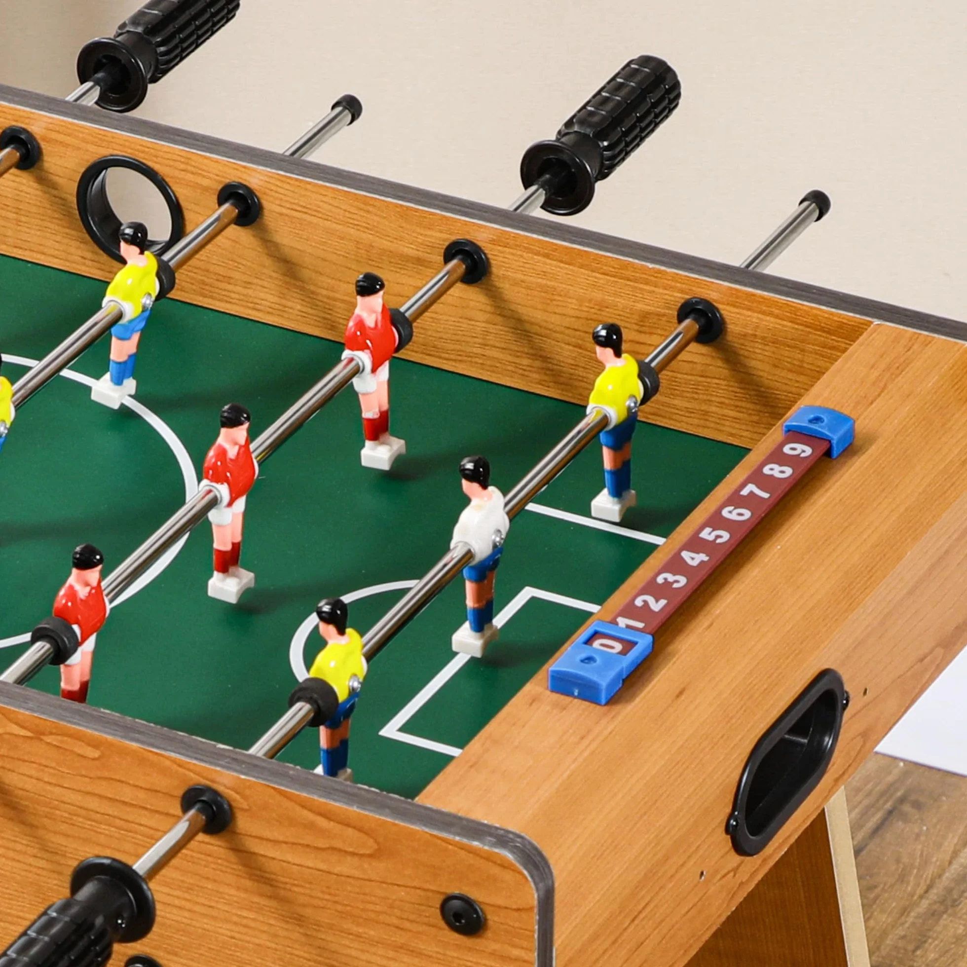 HOMCOM Futbolín Plegable para Niños y Adultos Futbolín de Madera 69x37x70 cm con 2 Bolas 6 Asas 2 Marcadores de Puntos 18 Jugadores para Familias Fiestas Juegos Natural