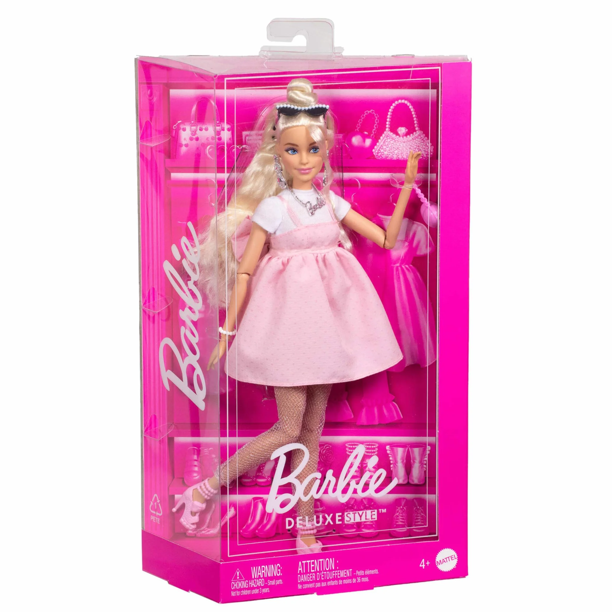Barbie Deluxe Style Muñeca n. 3 con conjunto de moda Barbiecore, pelo rubio con moño alto, vestido rosa pastel con lazo grande y accesorios como medias de redecilla, HYV27