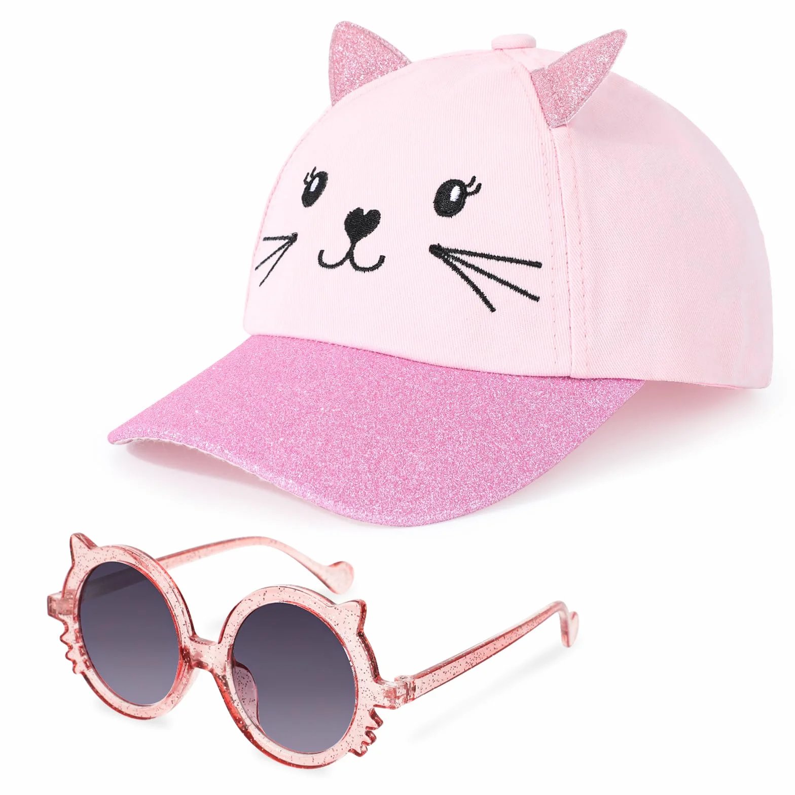 Gorra de Béisbol para Niñas con Orejas de Gato, Gafas de Sol Protección UV Ajustable Sombrero de Lentejuelas Visera