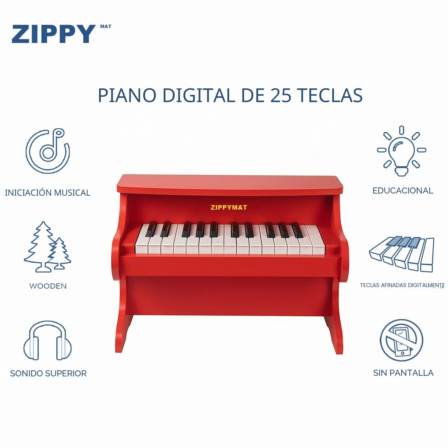 Teclado Digital para Niños - 25 Teclas, Mini Instrumento Musical Educativo, Piano de Madera para Pequeños y Niñas (Rojo)
