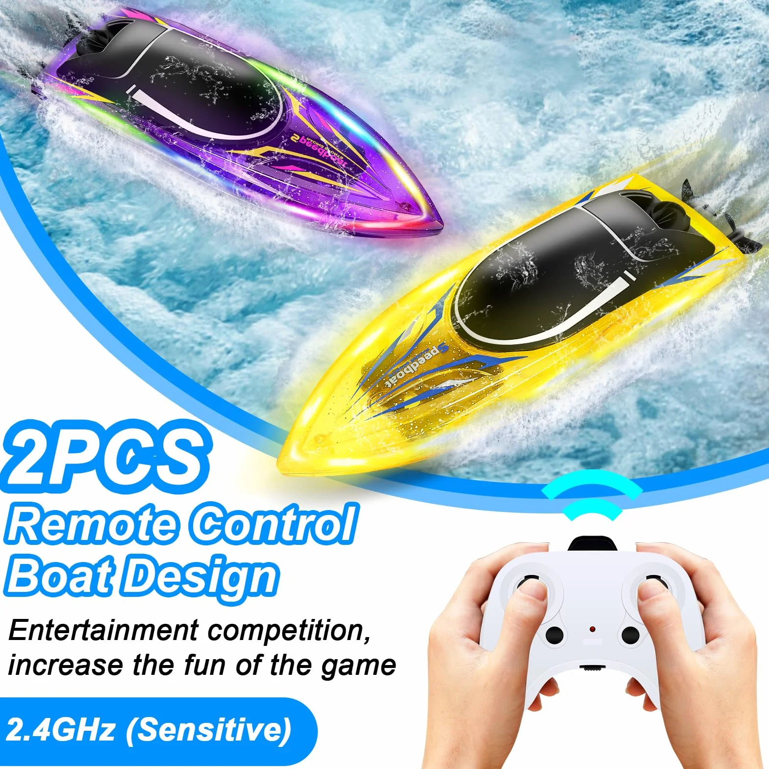 Herenear Barco teledirigido 2 unidades, barcos teledirigidos para niños a partir de 6, 8, 10 años, barco RC con luz LED para adultos, juguete de piscina ajustable lancha rápida para mares, piscinas y