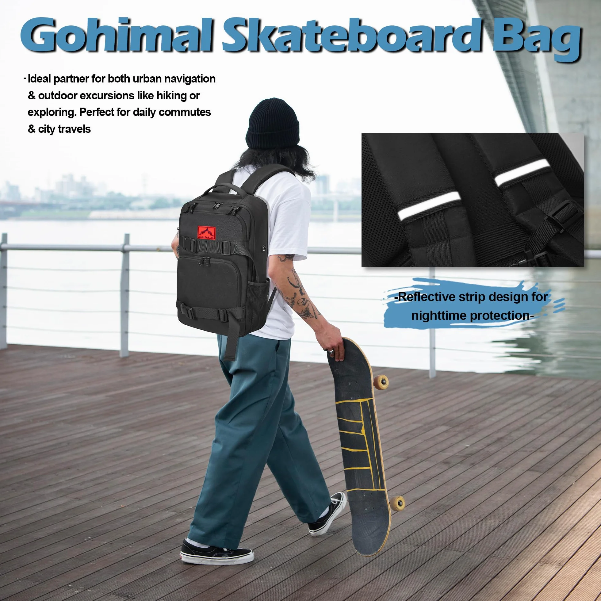 GoHimal Mochila para monopatín, mochila para portátil, Negro