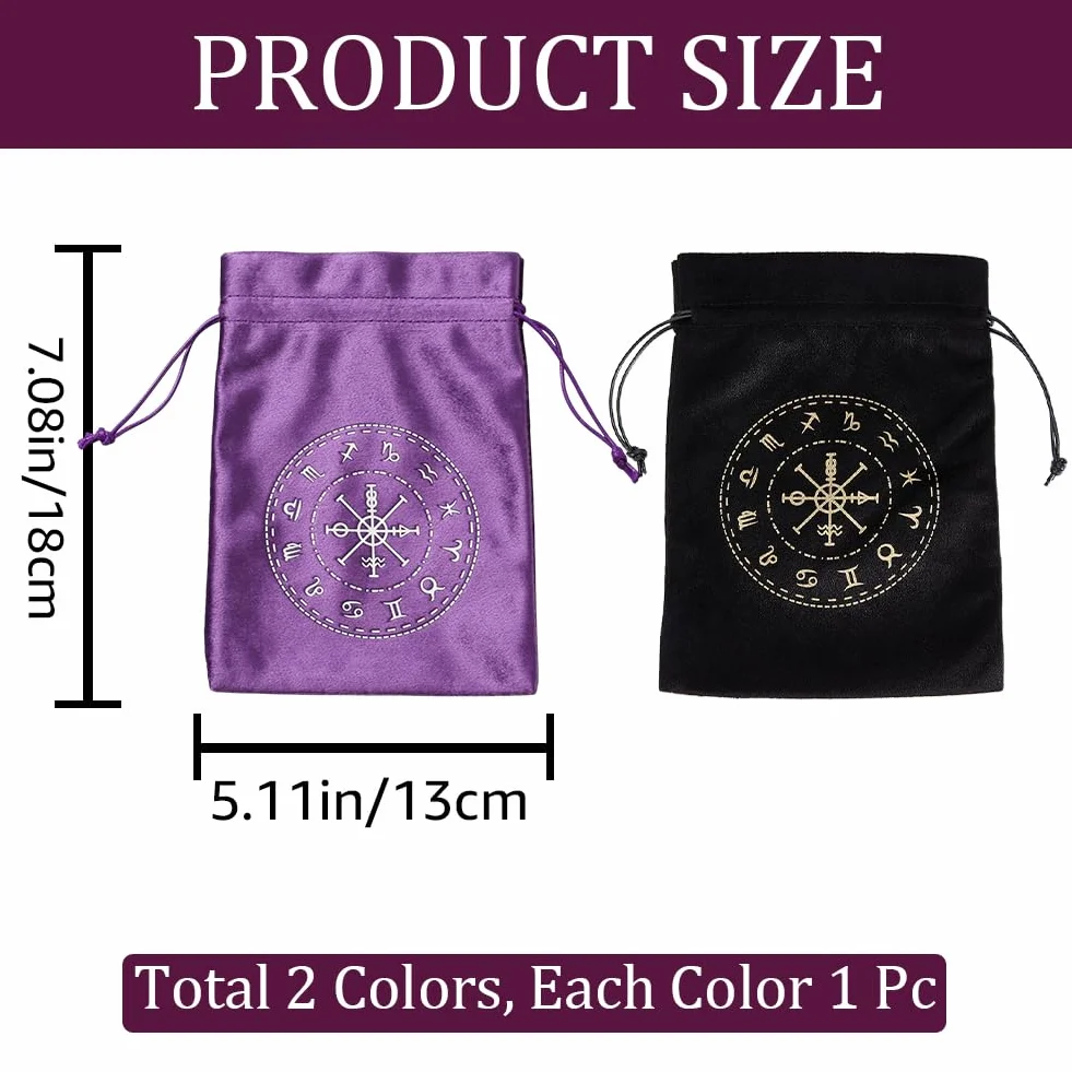 CREATCABIN 2 Bolsa Tarot Terciopelo Almacenamiento Tarjetas Tarot,12 Bolsas Constelaciones,Soporte para Runas con Cordones,Embalaje Grande para Cartas Tarot,Joyería Cristal,Dados,18x13cm,Negro Morado