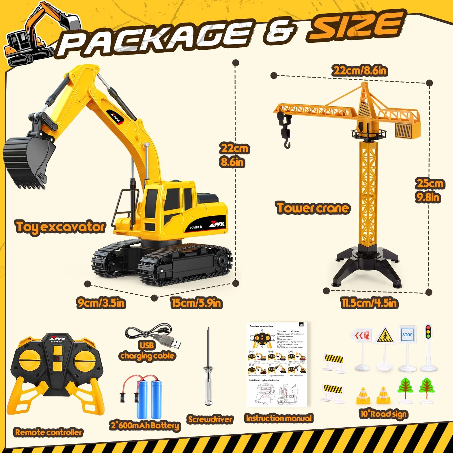HappyGoLucky 1:24 Excavadora Juguete Teledirigido para Niños 3-9 Años, Camiones Juguete RC Teledirigido 2.4GHz con Grúa Torre y Señales de Tráfico, Luz LED, Mini Excavadora, Regalo Cumpleaños/Navidad
