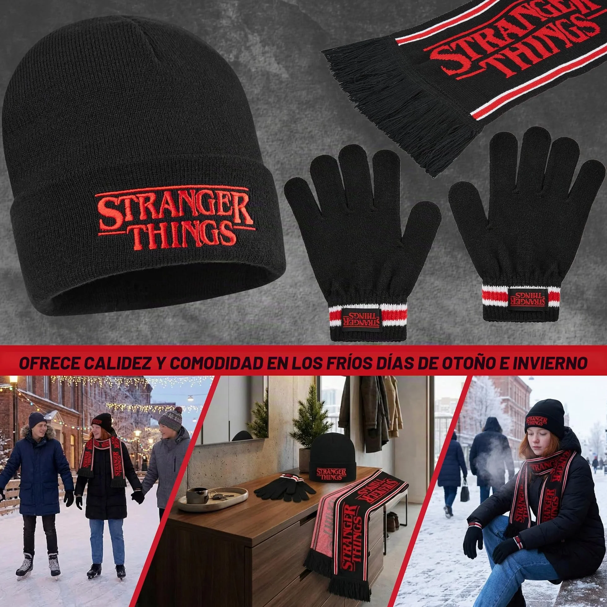 Stranger Things Conjunto Gorro Bufanda y Guantes Niño Niña Ropa Invierno