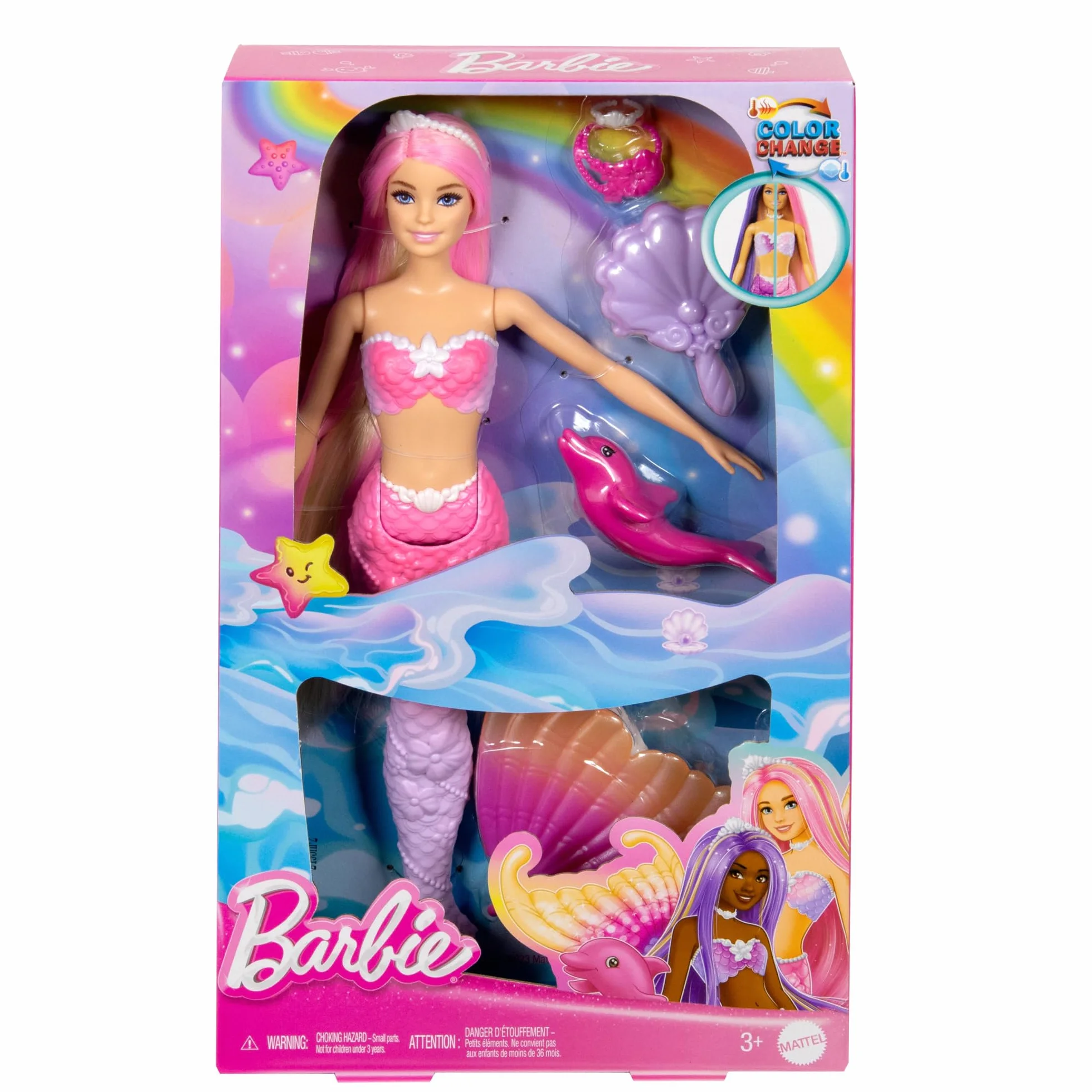 Barbie Muñeca sirena Malibú que cambia de color con el agua con accesorios de moda y delfín, serie Un toque de magia, juguete +3 años (Mattel HRP97)