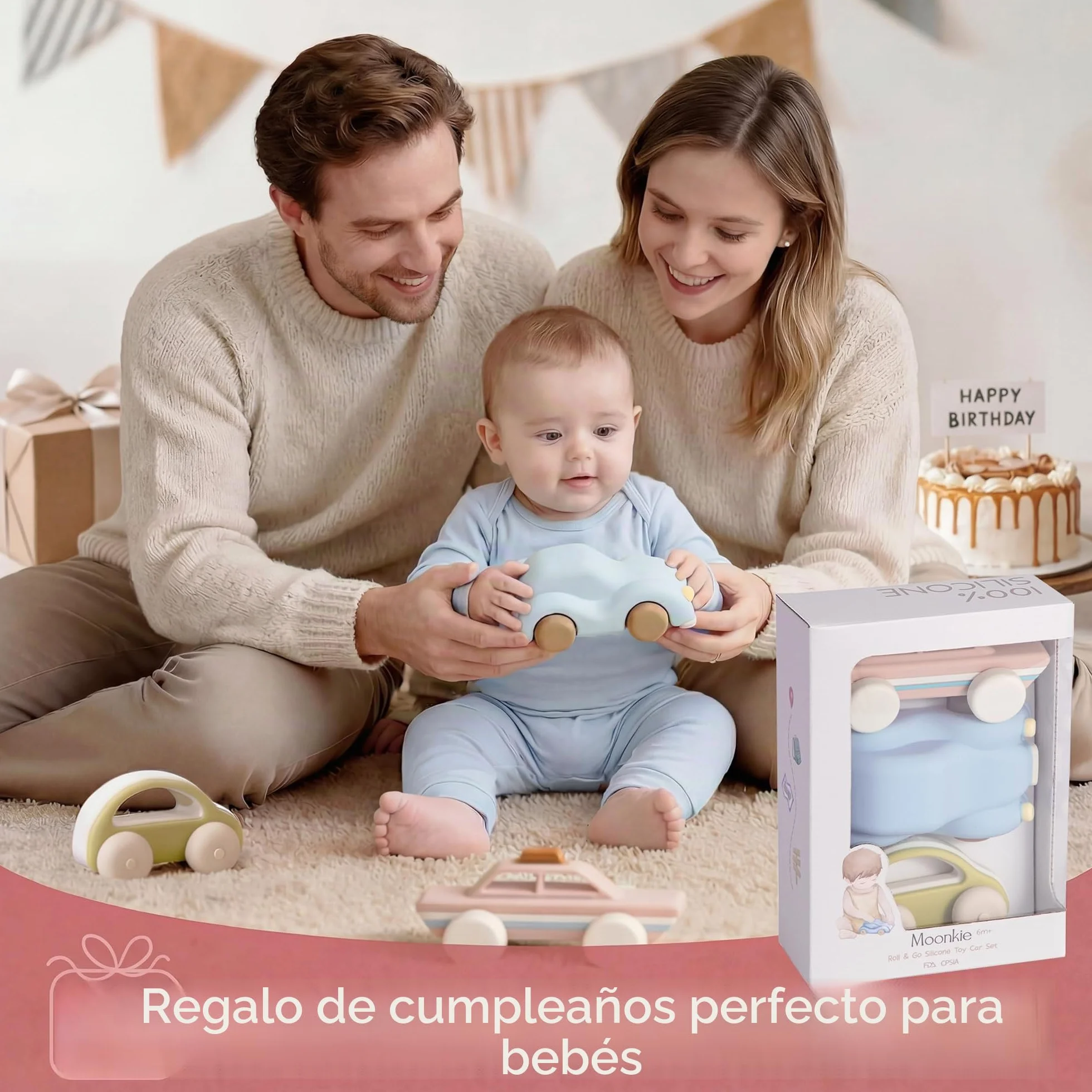 Moonkie Roll & Go Coches para Niños, Paquete de 3, Coches Juguete Silicona Blanda, Regalo Niño 6 Meses+ 1 2 3 Años, Mordedor Bebe, Juguetes Montessori, Coches para Bebes sin BPA, para Casa y Viaje