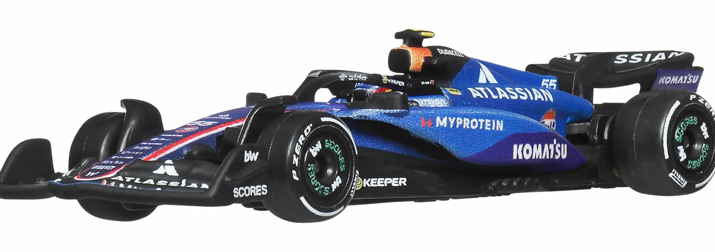 Hot Wheels Formula 1 Atlassian Williams Racing Carlos Sainz #55, Coche de Carreras metálico a Escala 1:64 con neumáticos Real Riders y carrocería metálica, JKD85
