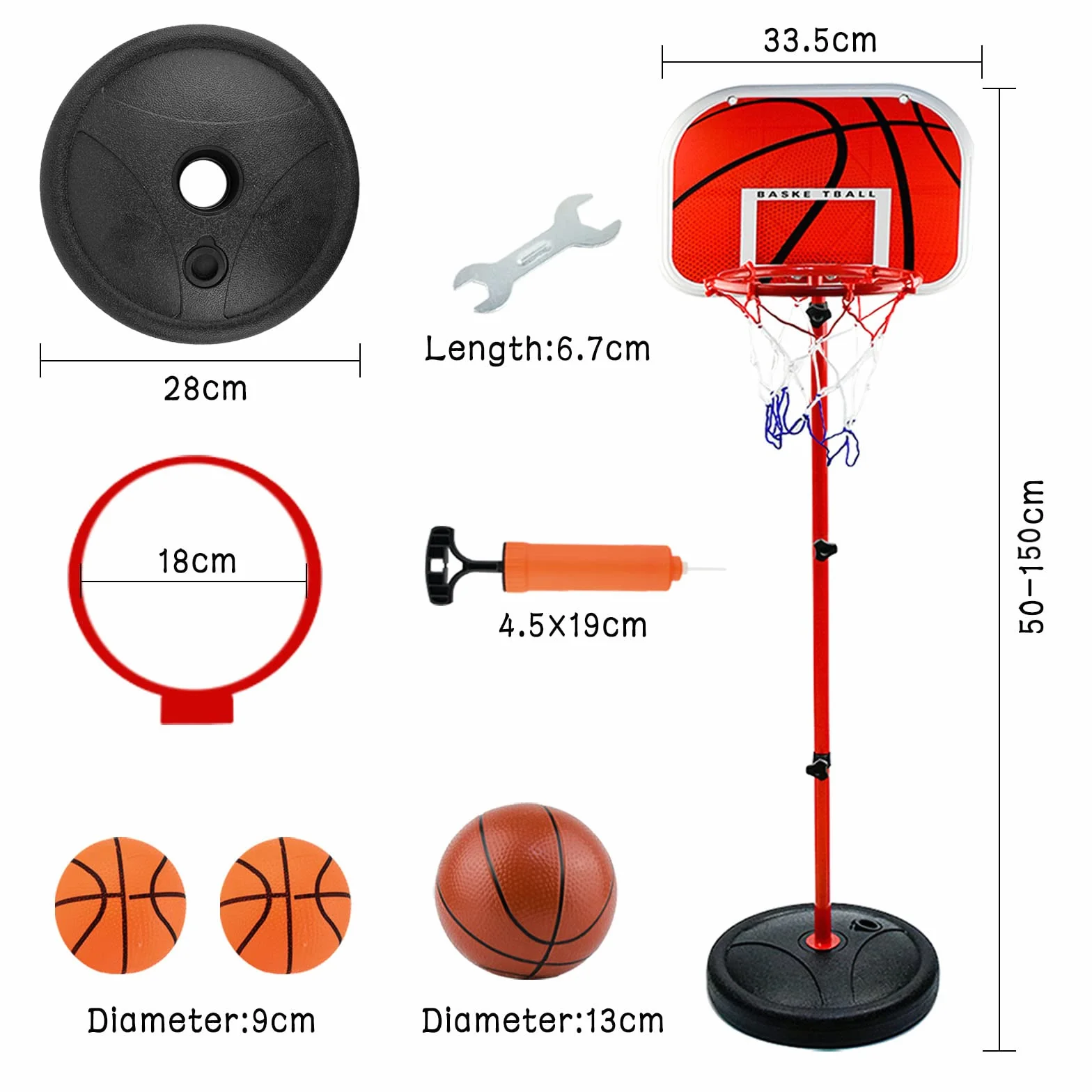 Canasta Baloncesto y Soporte Infantil, Portátil de 50 CM-150 cm para niños, Ajustable Aro de Baloncesto para Interior y Exterior, con 3 Bolas, Red, Bomba
