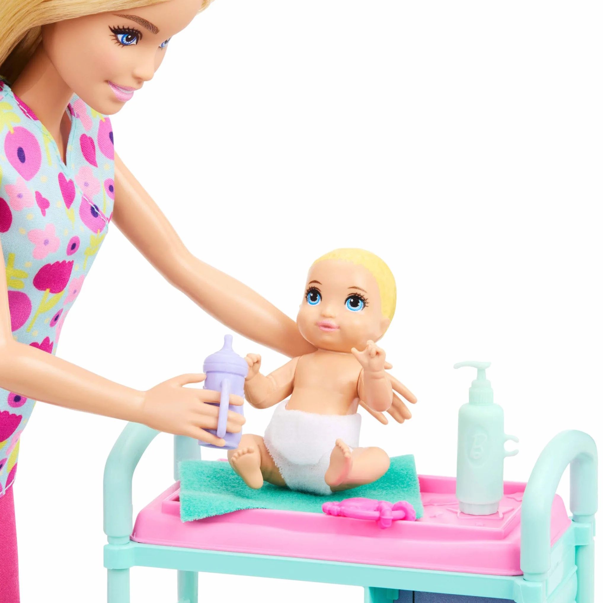 Barbie Profesiones Conjunto de muñeca pediatra con Pelo Rubio y Vestida con una Bata, 2 muñecos bebé, Mesa de reconocimiento y Accesorios, JMK12