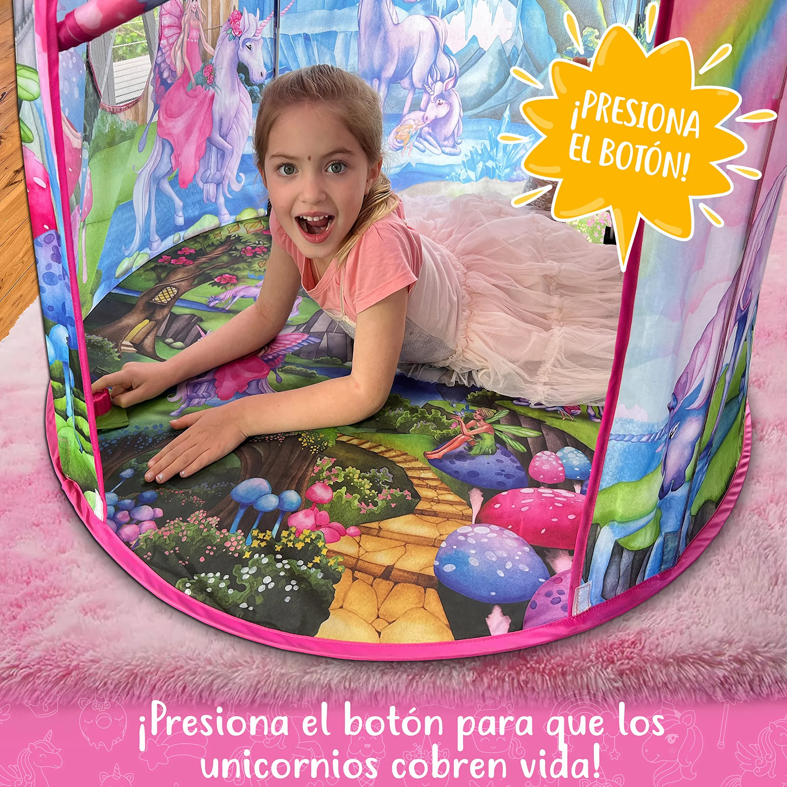 W&O Tienda de campaña de Unicornio arcoíris para niñas con sonidos mágicos y juguetes de unicornio, tienda de princesa para niñas