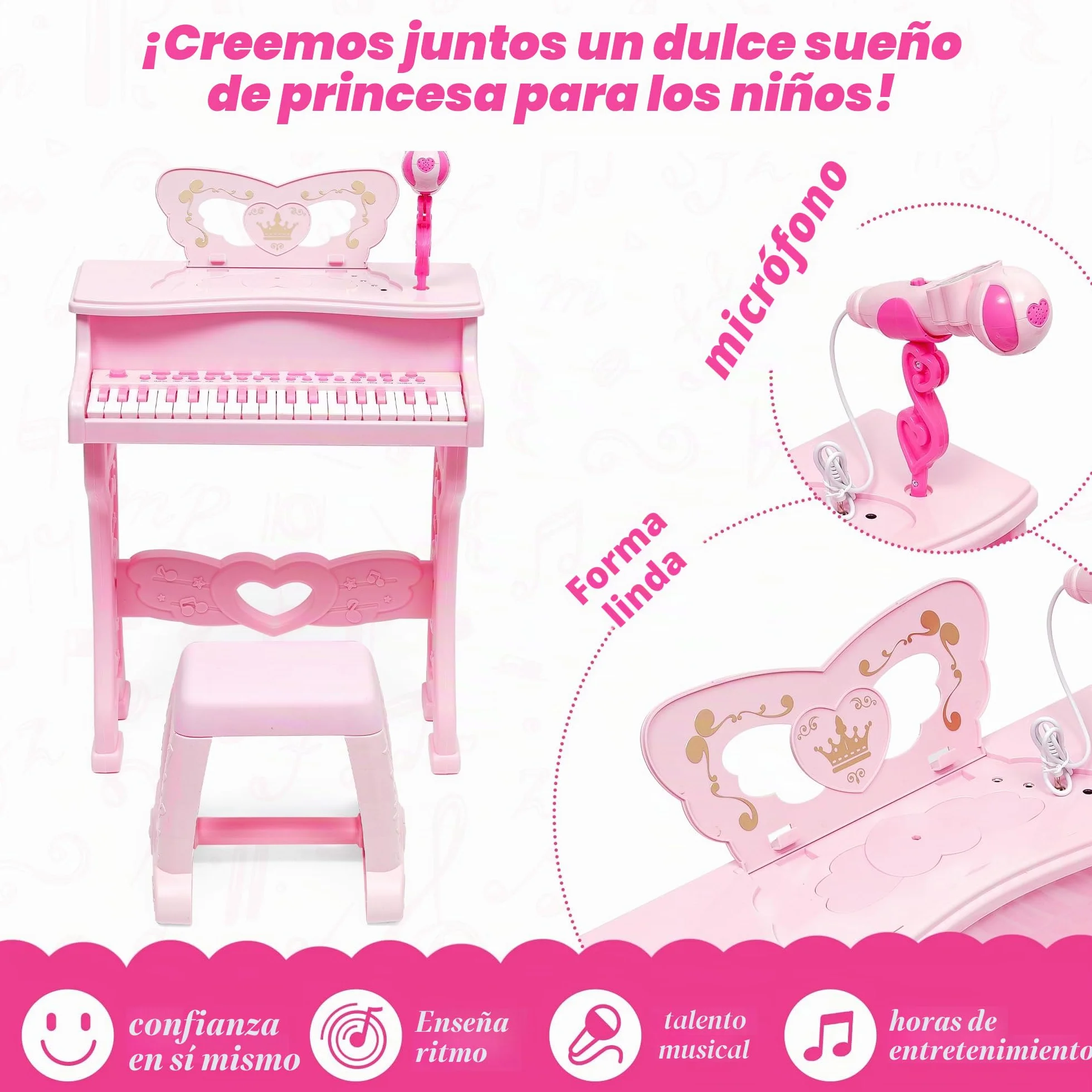 Piano para niños-Instrumento Musical Electrónico con 37 Teclas para niñas,Regalo Juguete Musical Pedagógico con Patas Desmontables,Micrófono,Varios Modos de Música,luz,Taburete (Rosa)