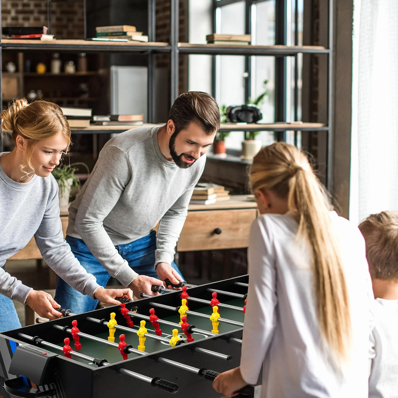 HOMASIS 4 en 1 Mesa Multijuego con Futbolín, Billar, Air Hockey y Ping Pong, Mesa de Juegos de Madera para Niños y Adultos, 125 x 97 x 83 cm, para Fiesta, Bar, Oficina
