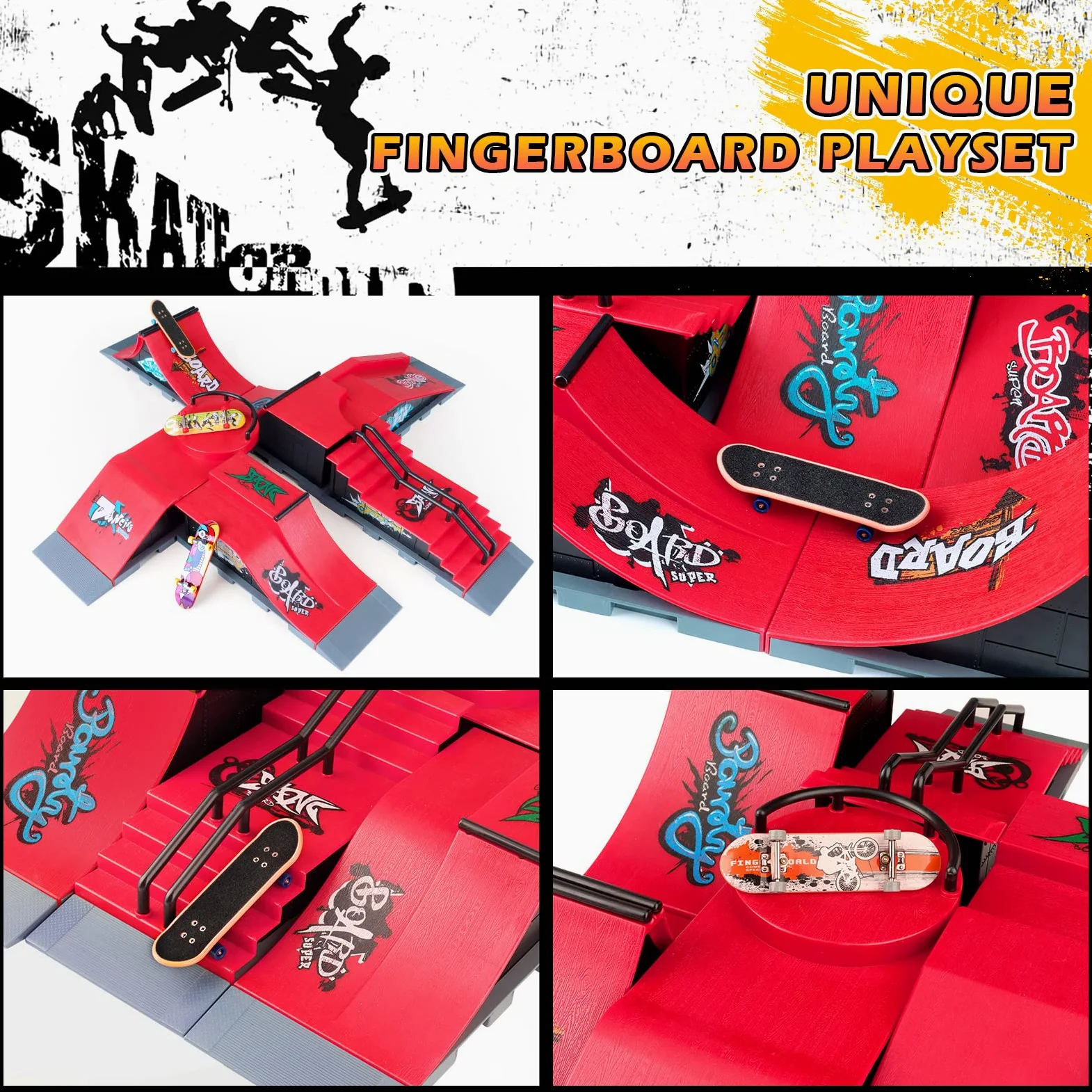 KETIEE 6 Piezas Finger Skate Park Kit Juego de minimonopatín de Dedo con rampa y Otros Accesorios Diapasón de rampa Parque Juguete para Niños (6 IN 1)