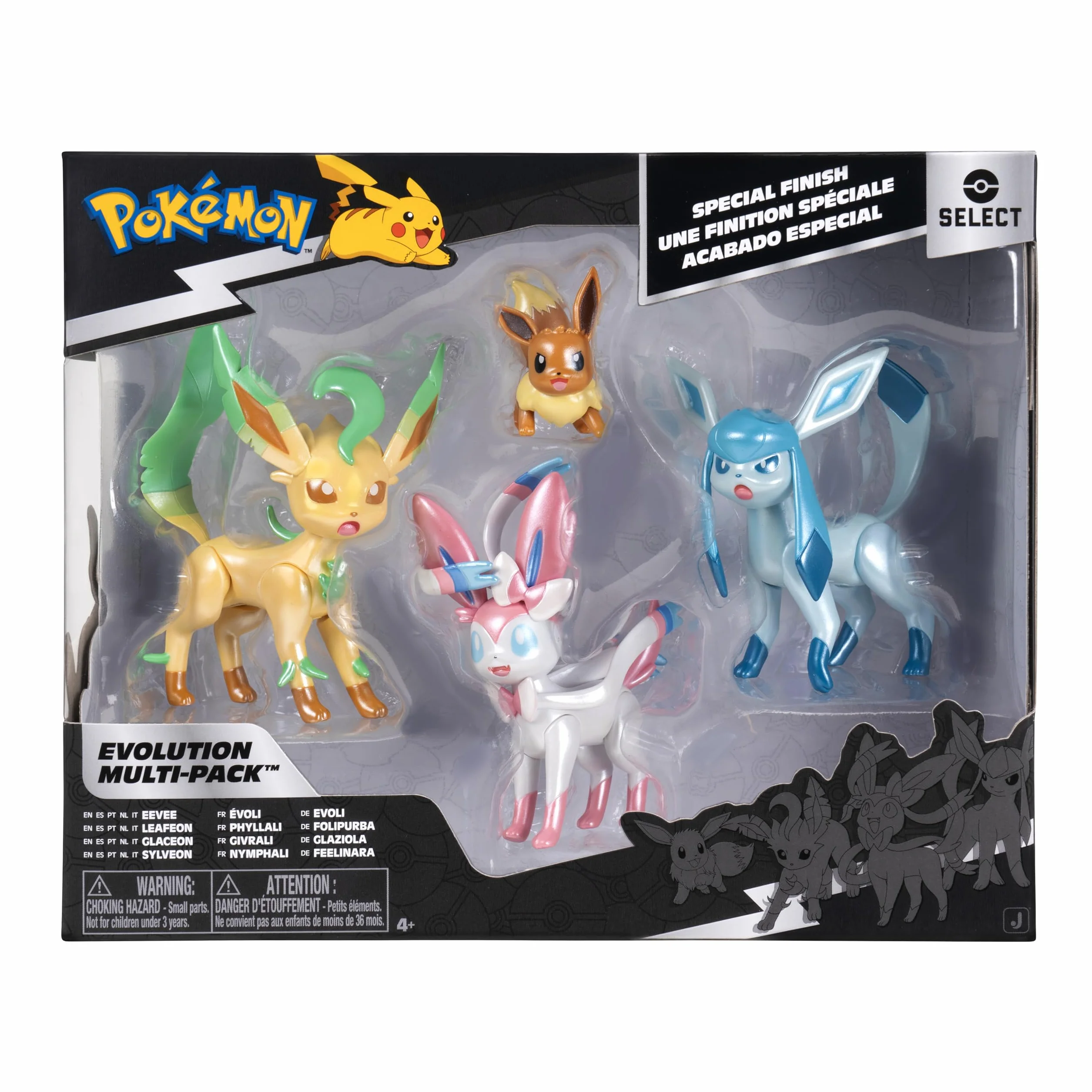 Pokémon Pack evolución Select - Incluye una Figura Eevee de 5 cm, además de Las Figuras de Batalla Leafeon, Glaceon y Sylveon de 7,5 cm, con Acabado Exclusivo