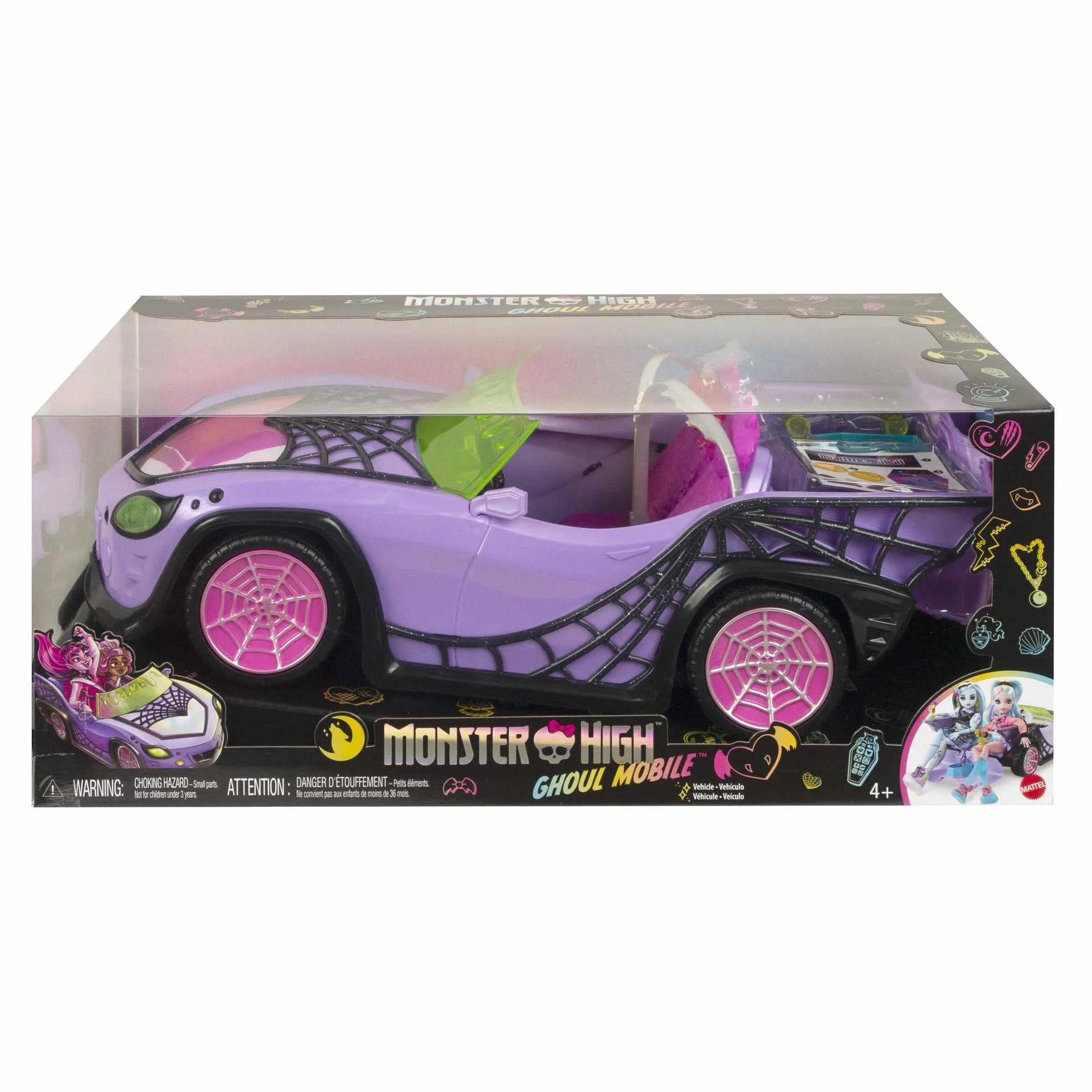 Monster High Coche de juguete, móvil Ghoul con accesorios para mascotas y refrigeradores, convertible morado con detalles de telaraña, HHK63