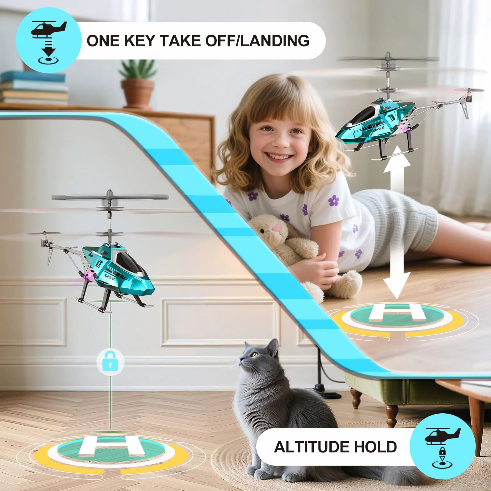 XIKOTEC Helicóptero Teledirigido para Niños, RC Helicóptero con 2 Baterías, Mantenimiento de Altitud, Luz LED y 3 Carcasas Metálicas Intercambiables, Avión Teledirigido 2.4GHz para Principiantes