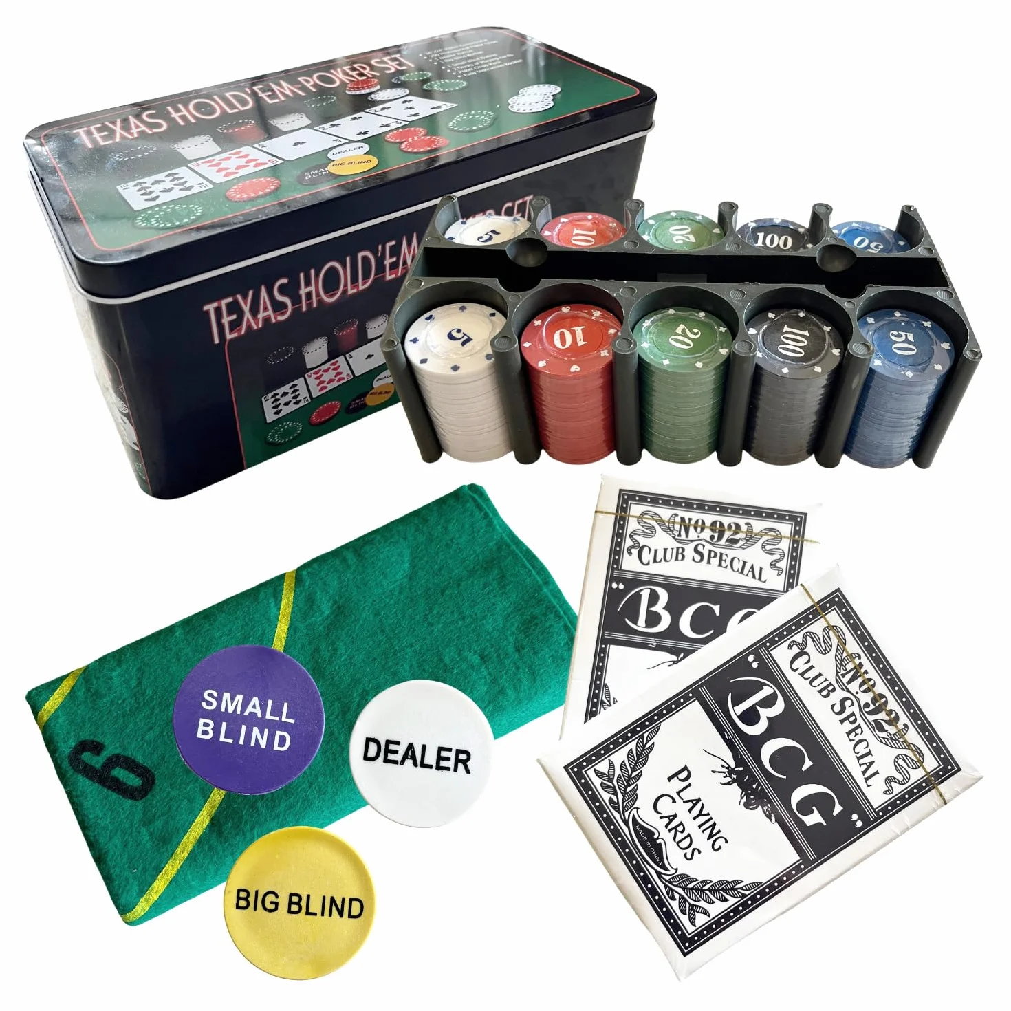 AUTOZOCO Set de Póker, Juego de póker Completo, Juego de Blackjack, Incluye 200 fichas, 2 Barajas de Cartas, botón de repartidor, ciega pequeña, Gran ciega, tapete de Juego, Caja metálica