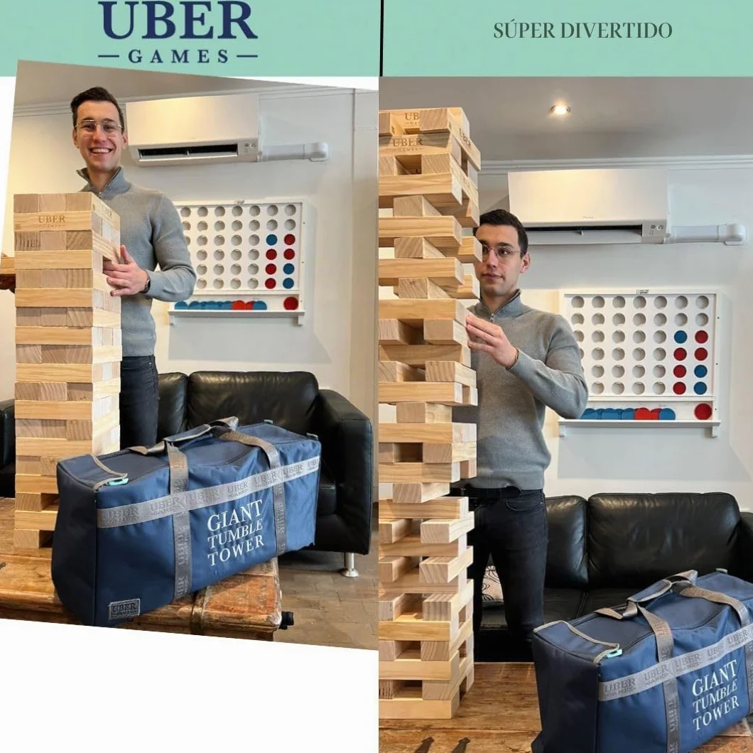 Ubergames Torre gigante tambaleante de hasta 160+ cm XXL Jumbo Hi-Tower en bolsa – 1,6 m (máximo en el juego). Juego de torre de madera de pino macizo - Bloques extra de lujo y bolsa (hasta 160+ cm)