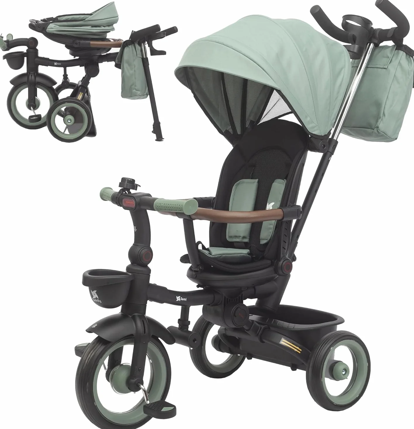 Twinly Triciclo Evolutivo Bebé Plegable Sami, Verde Oscuro | Asiento Reversible 360° , Respaldo Reclinable, Cinturón de 5 Puntos, Capota UPF50+, Plegado Compacto