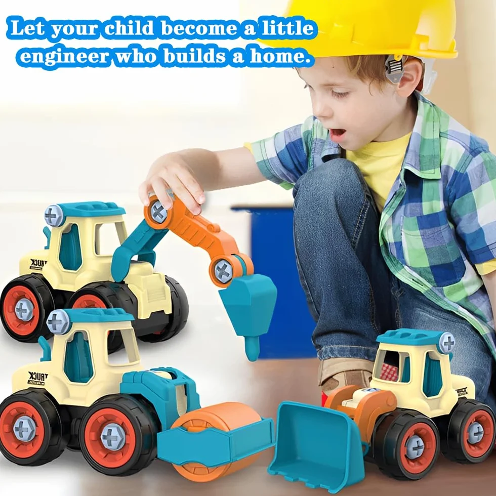 Juguetes de Vehículos de Construcción 4 en 1 para Niños a Partir de 2 Años, Set de Excavadoras DIY con Destornillador, Desmontar Camión de Ingeniería para Niños, Niños