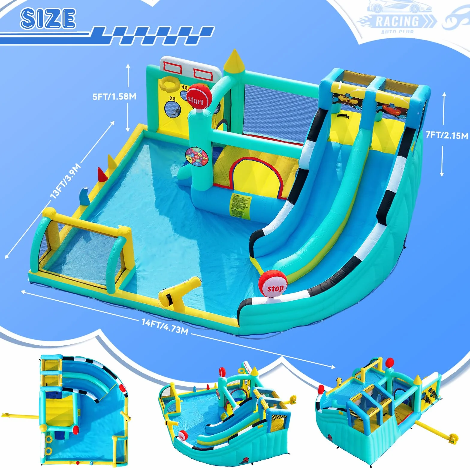 Castillo Hinchable Grande con Tobogán de Agua y Soplador, para Niños con Trampolín, Rocódromos, Baloncesto, Piscina, Peso 225 kg, para 4 Niños de 3 a 10 Años, 470×400×220 cm