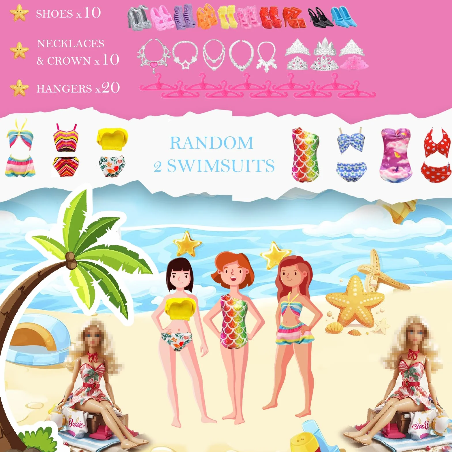 78 pcs Ropa y Accesorios para Muñecas, Incluir Vestidos de Fiesta, Vestidos, Tops y Pantalones, Bikini, Coronas, Collares,Pares de Zapatos,Perchas para 30 CM/11.5 Pulgadas Muñecas, Regalos para Niñas